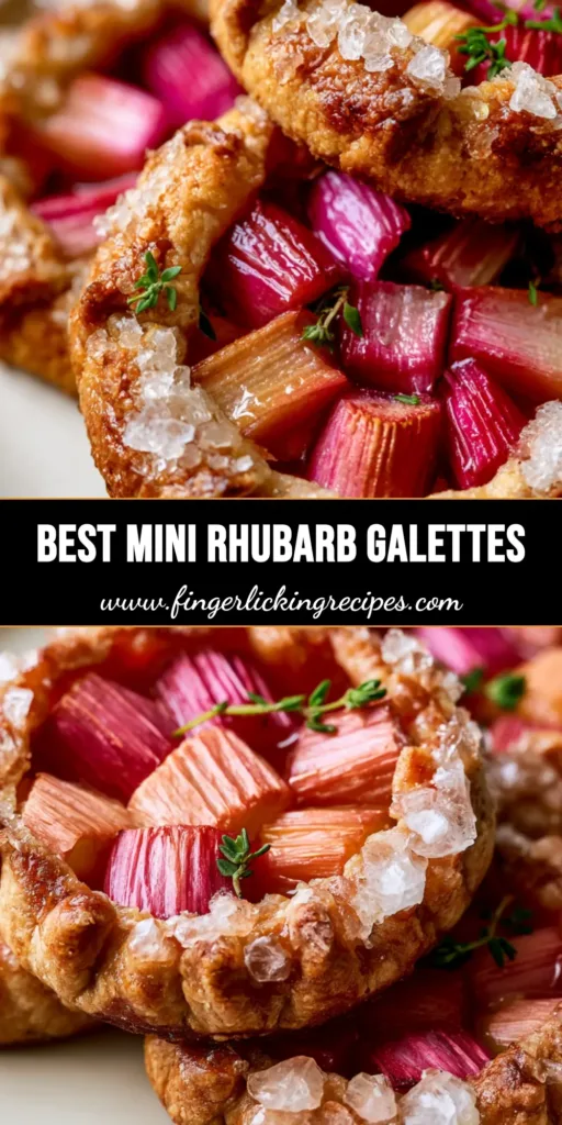 Mini Rhubarb Galettes with Flaky Shortcrust and Turbinado Sugar 5 A stack of three mini rhubarb galettes with deep golden brown crusts and magenta rhubarb centers on an off-white plate. (Mini Rhubarb Galettes)