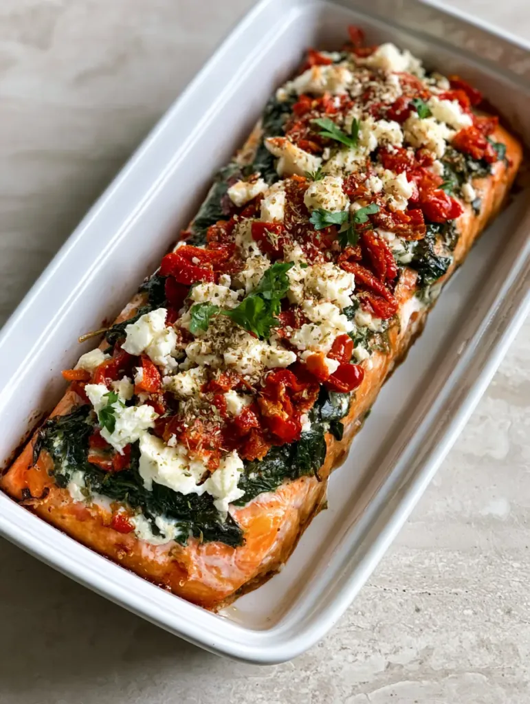 Mediterranean Baked Salmon with Sun-Dried Tomatoes and Feta 3 Handheld smartphone photo of Mediterranean Baked Salmon featuring flaky fish, dark green spinach, and vibrant red tomatoes. (Mediterranean Baked Salmon)