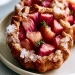 Close up of individual rhubarb tarts with glistening pink fruit and fresh thyme sprigs. (Mini Rhubarb Galettes)