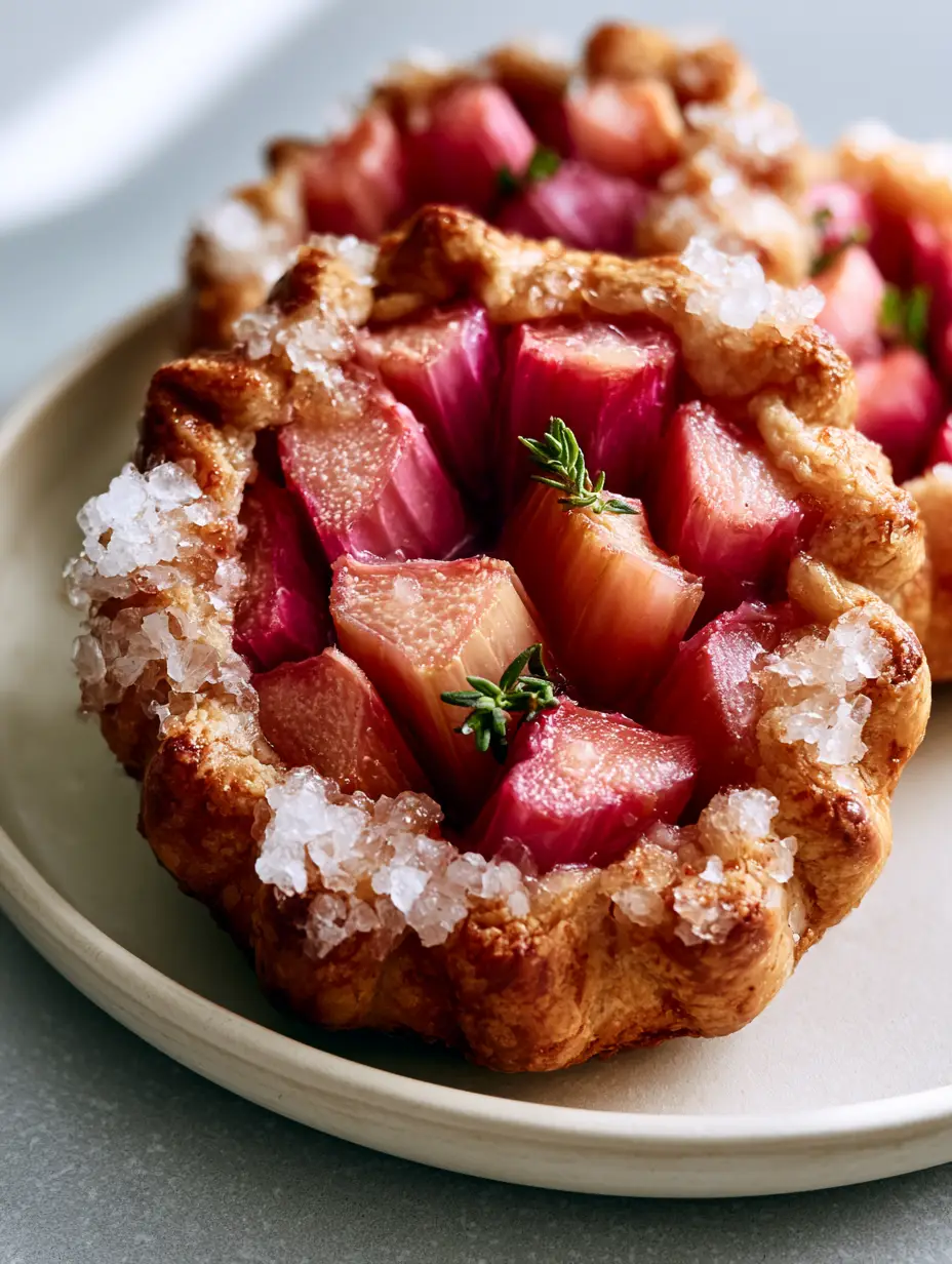 Mini Rhubarb Galettes with Flaky Shortcrust and Turbinado Sugar 4 Close up of individual rhubarb tarts with glistening pink fruit and fresh thyme sprigs. (Mini Rhubarb Galettes)