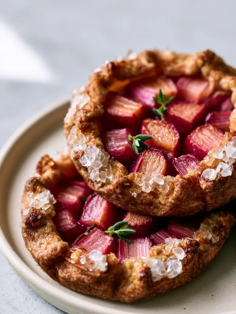 Mini Rhubarb Galettes with Flaky Shortcrust and Turbinado Sugar 2 Overhead view of stacked rhubarb galettes showing the caramelized juices and turbinado sugar crystals.
