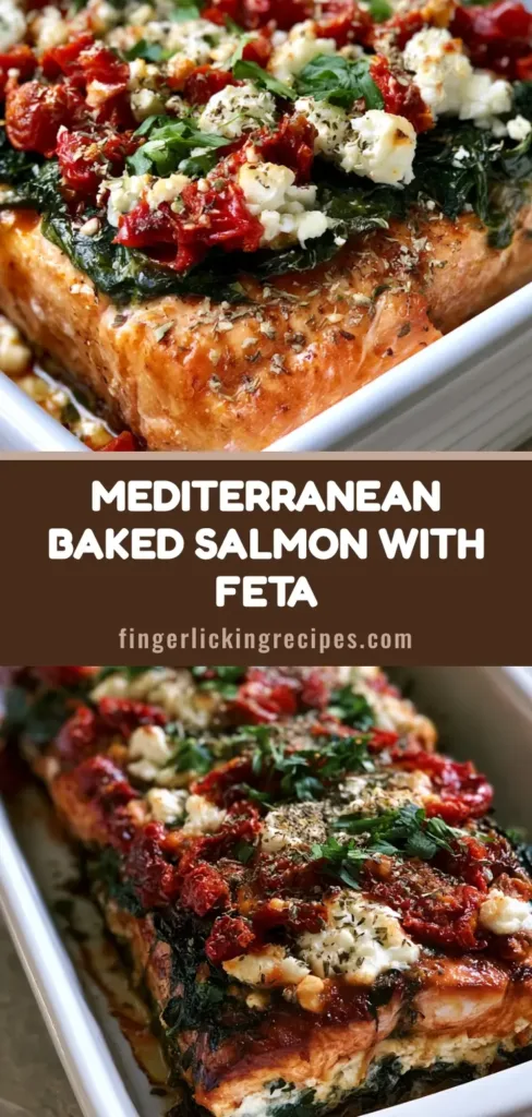 Mediterranean Baked Salmon with Sun-Dried Tomatoes and Feta 6 Top-down view of Mediterranean Baked Salmon with wilted spinach, sun-dried tomatoes, and melted feta in a white dish.