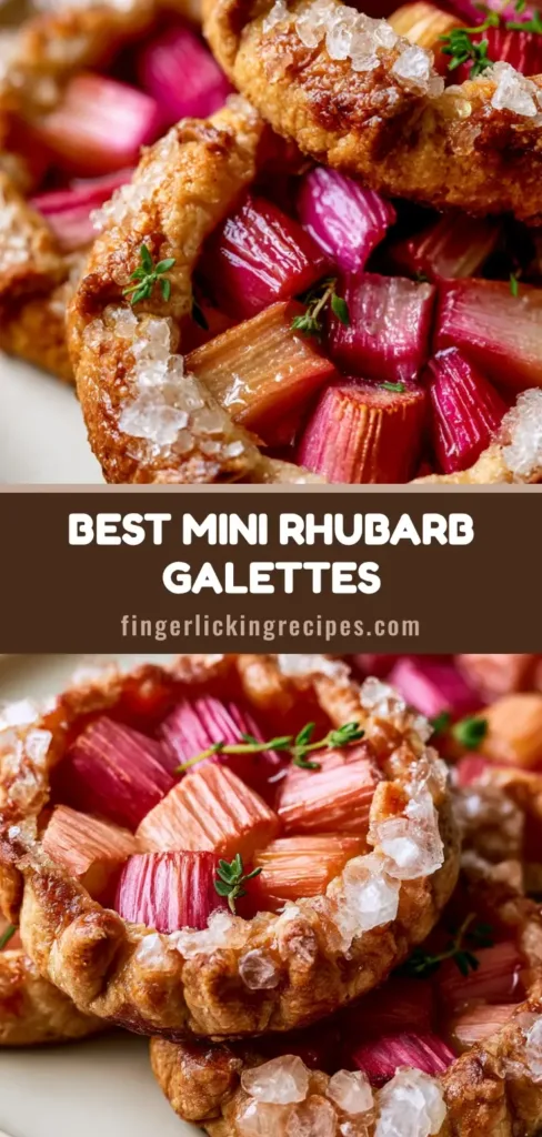 Mini Rhubarb Galettes with Flaky Shortcrust and Turbinado Sugar 6 A stack of three mini rhubarb galettes with deep golden brown crusts and magenta rhubarb centers on an off-white plate. (Mini Rhubarb Galettes)