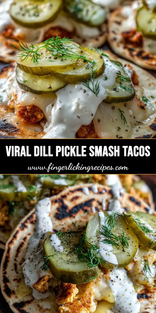 Three Dill Pickle Ranch Chicken Tacos on a dark wooden board featuring crispy smashed chicken, melted Monterey Jack cheese, sliced pickles, and a zig-zag ranch drizzle.