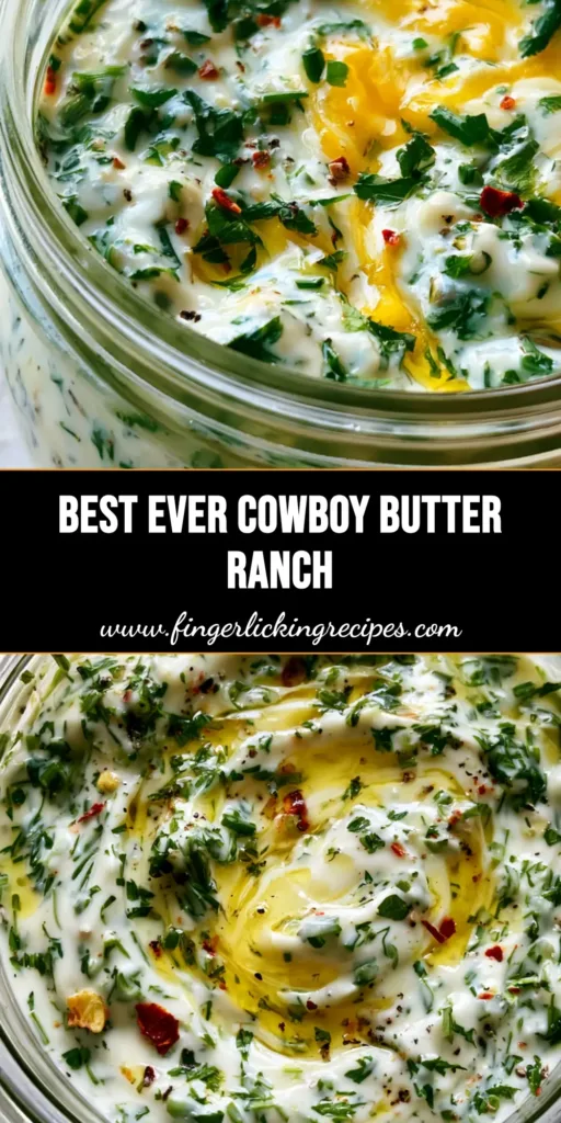 A mason jar of Cowboy Butter Ranch Dressing with golden butter swirls and fresh herbs on a stone surface.