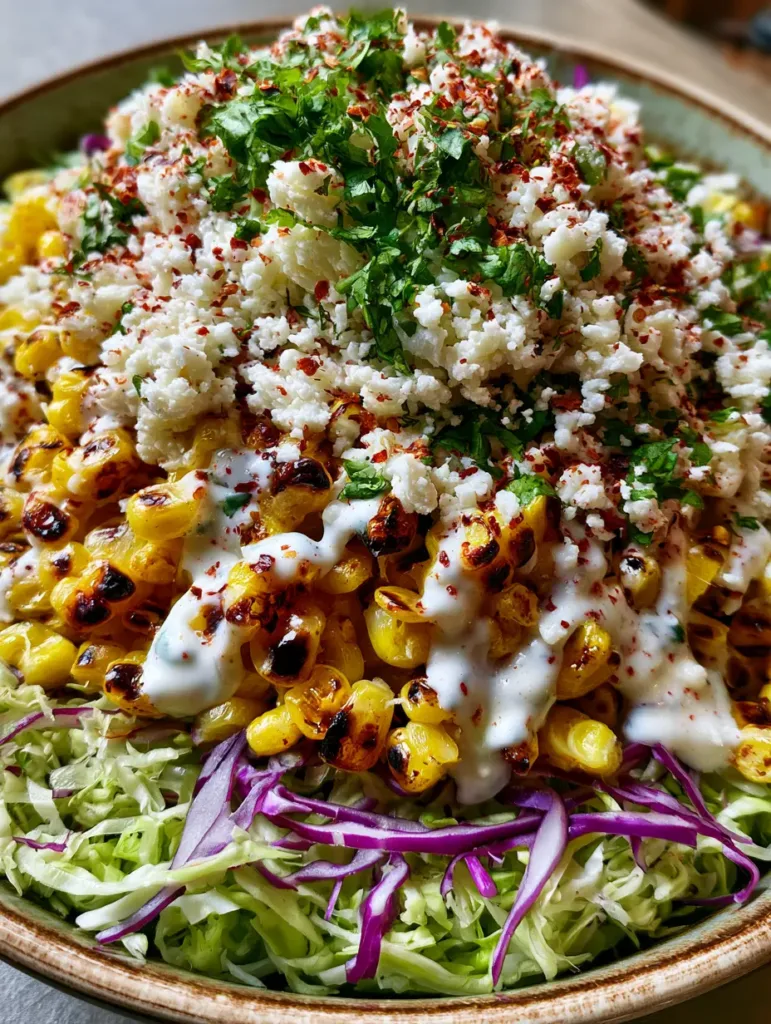 Handheld photo showing the unedited texture of charred corn and purple cabbage in a Mexican Street Corn Salad.