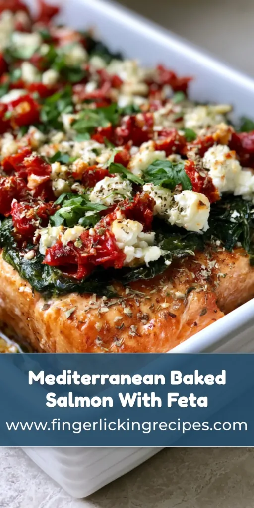 Mediterranean Baked Salmon with Sun-Dried Tomatoes and Feta 7 Top-down view of Mediterranean Baked Salmon with wilted spinach, sun-dried tomatoes, and melted feta in a white dish.