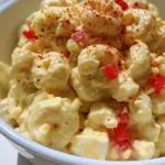 A handheld smartphone photo of a white ceramic bowl filled with Amish macaroni salad featuring red peppers and celery. (Amish Macaroni Salad)