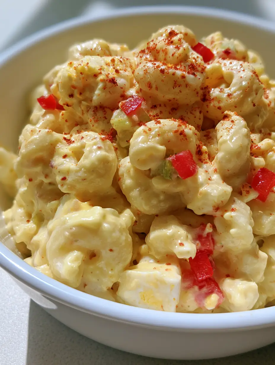 Amish Macaroni Salad: The Ultimate Creamy and Tangy Summer Side Dish 4 A handheld smartphone photo of a white ceramic bowl filled with Amish macaroni salad featuring red peppers and celery. (Amish Macaroni Salad)
