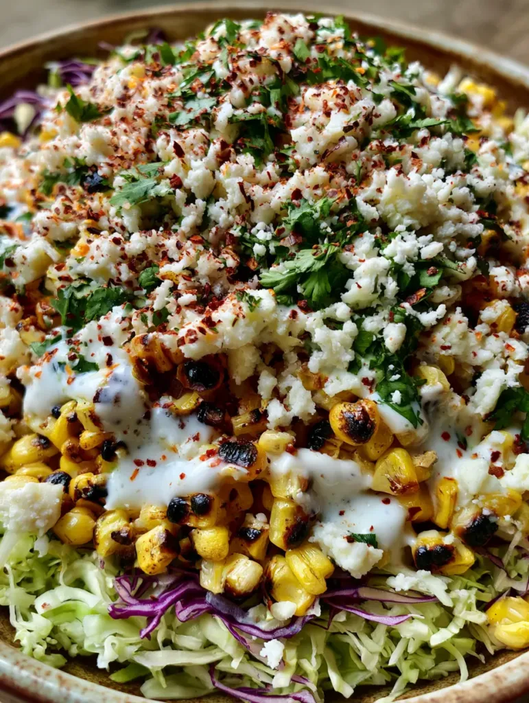 Top-down view of Mexican Street Corn Salad in a rustic bowl with abundance of cotija cheese and cilantro.