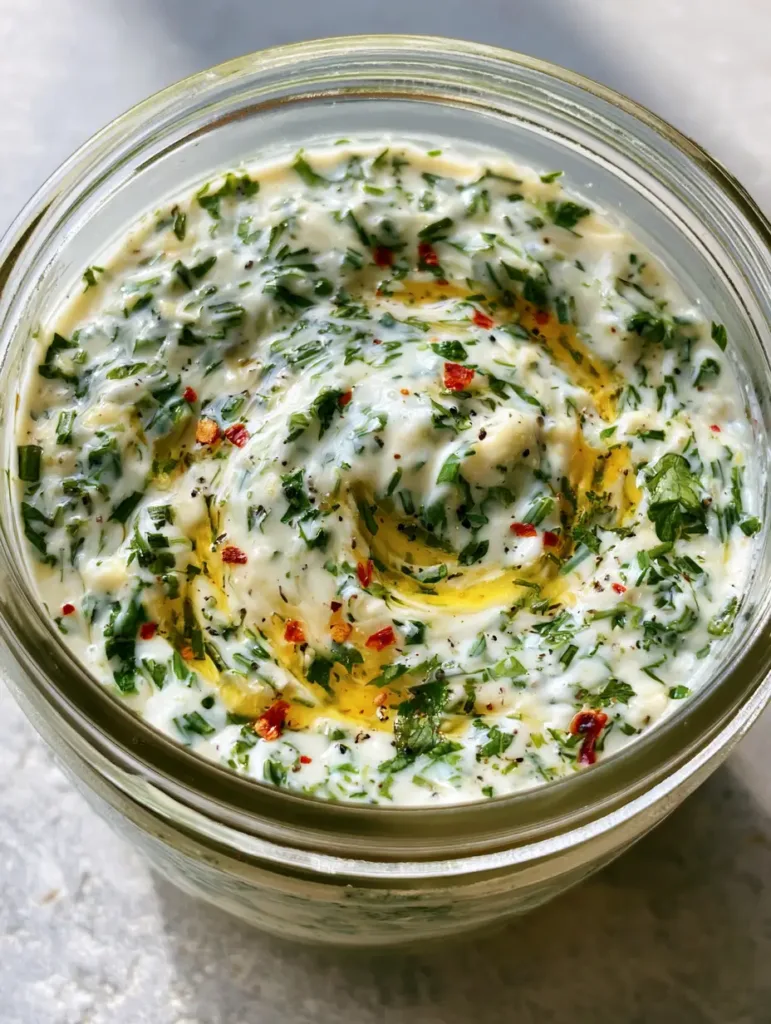 Extreme close up of Cowboy Butter Ranch Dressing showing red pepper flakes and chives.
