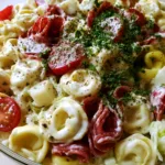 Close-up handheld photo of Italian Grinder Tortellini Salad showing pale yellow tortellini, shredded iceberg lettuce, and ribbons of genoa salami in a glass bowl.
