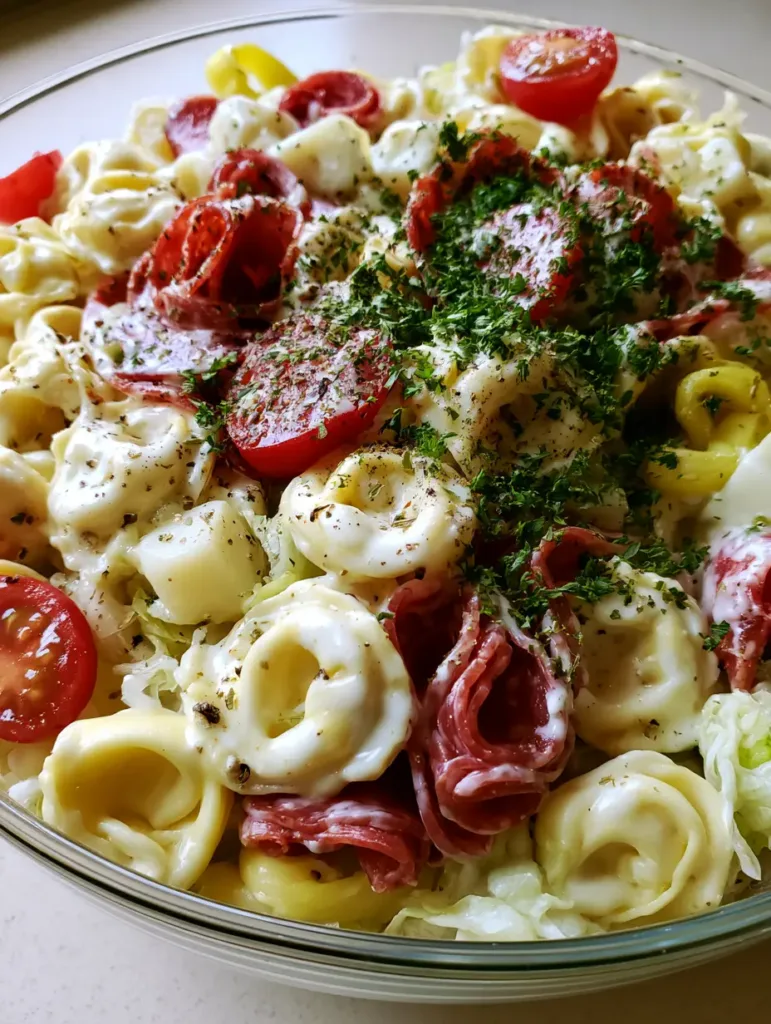 Close-up handheld photo of Italian Grinder Tortellini Salad showing pale yellow tortellini, shredded iceberg lettuce, and ribbons of genoa salami in a glass bowl.