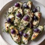 Blueberry Brie Jalapeño Poppers with Honey and Thyme Overhead shot of Blueberry Brie Jalapeño Poppers showing the melted white cheese and dark purple blueberries.