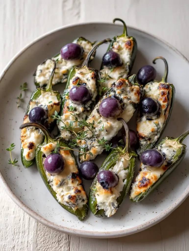 Overhead shot of Blueberry Brie Jalapeño Poppers showing the melted white cheese and dark purple blueberries.