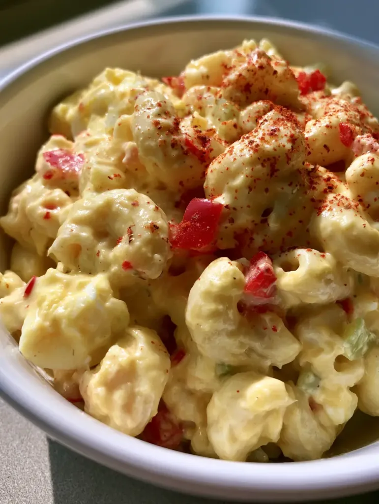 Amish Macaroni Salad: The Ultimate Creamy and Tangy Summer Side Dish 2 Close up of pale yellow Amish Macaroni Salad with chunks of hard-boiled egg and paprika dusting.