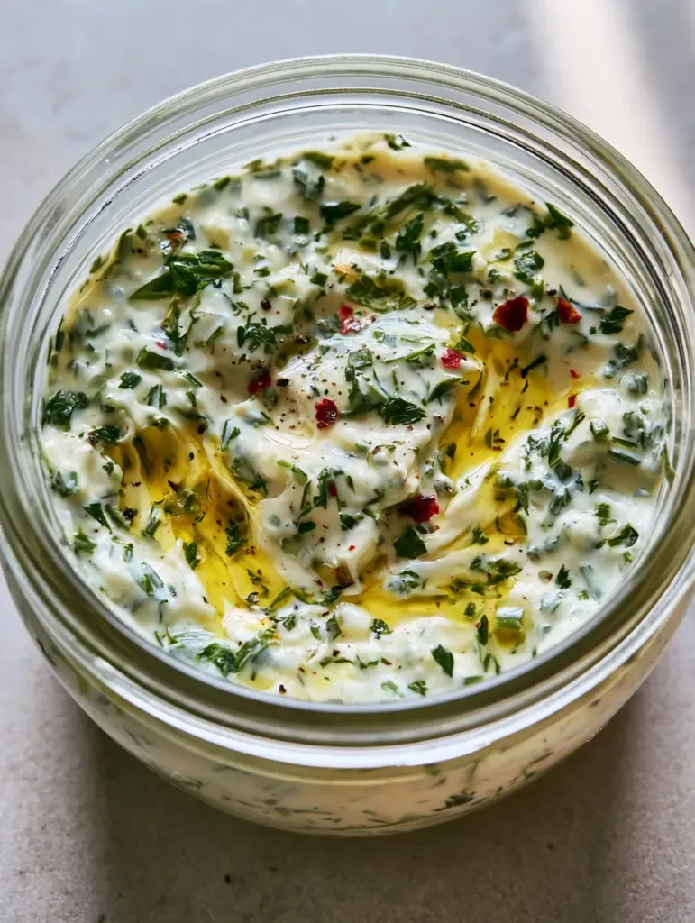 Side view of Cowboy Butter Ranch Dressing in a jar with visible butter marbling.