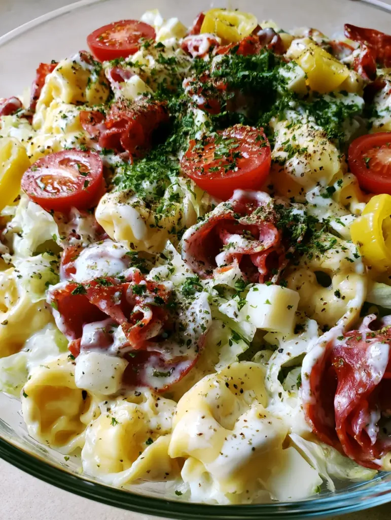 Italian Grinder Tortellini Salad on a light countertop featuring cubed provolone, banana peppers, and glossy herb dressing with visible black pepper.