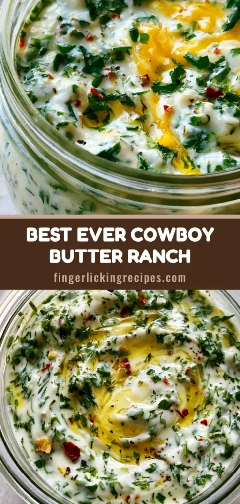 A mason jar of Cowboy Butter Ranch Dressing with golden butter swirls and fresh herbs on a stone surface.