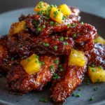 Brown Sugar Pineapple Wings: The Ultimate Crispy and Sticky Tropical Appetizer Close-up of crispy Brown Sugar Pineapple Wings with a translucent syrupy glaze and visible flecks of black pepper.