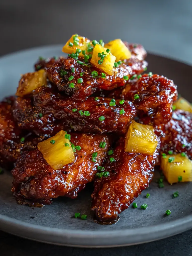 Close-up of crispy Brown Sugar Pineapple Wings with a translucent syrupy glaze and visible flecks of black pepper.