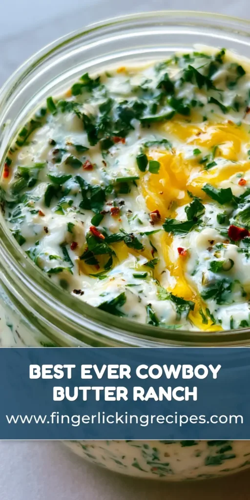 A mason jar of Cowboy Butter Ranch Dressing with golden butter swirls and fresh herbs on a stone surface.
