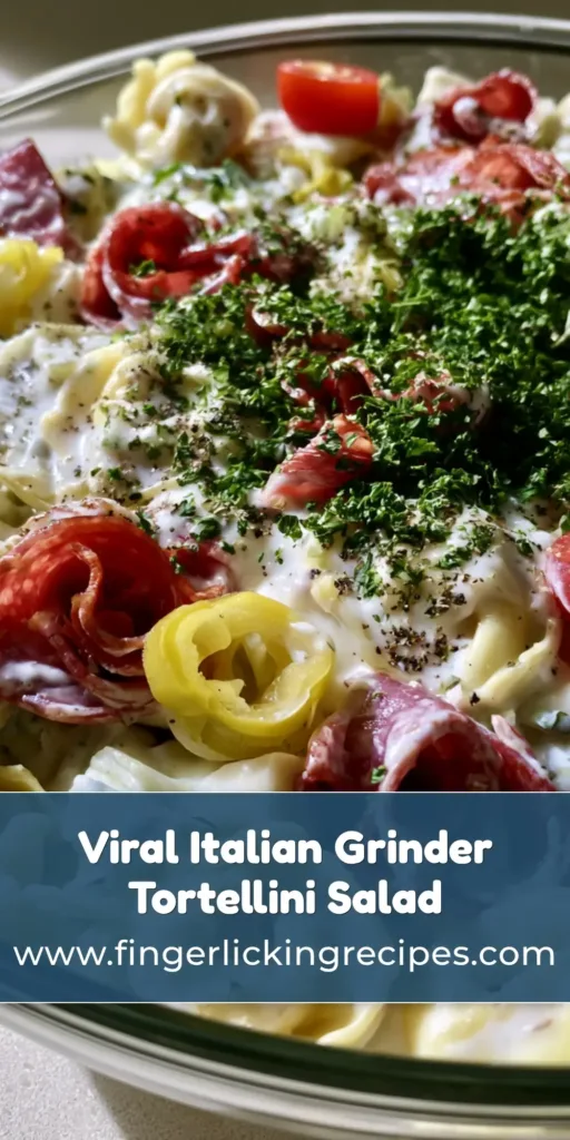A towering glass bowl of Italian Grinder Tortellini Salad with glossy creamy dressing, bright red tomatoes, and fresh parsley garnish.