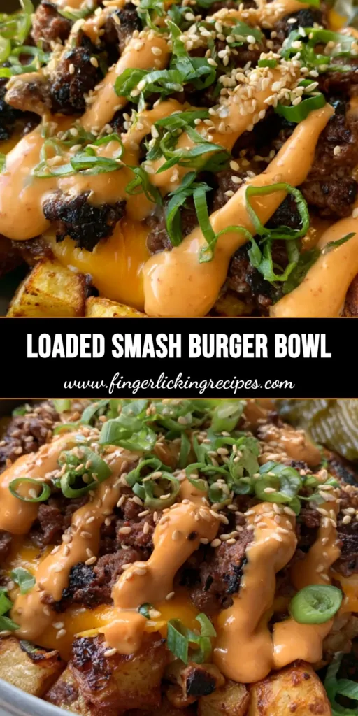 A Smash Burger Bowl in a matte grey bowl featuring roasted potatoes, cheesy ground beef, and crinkle-cut pickles.