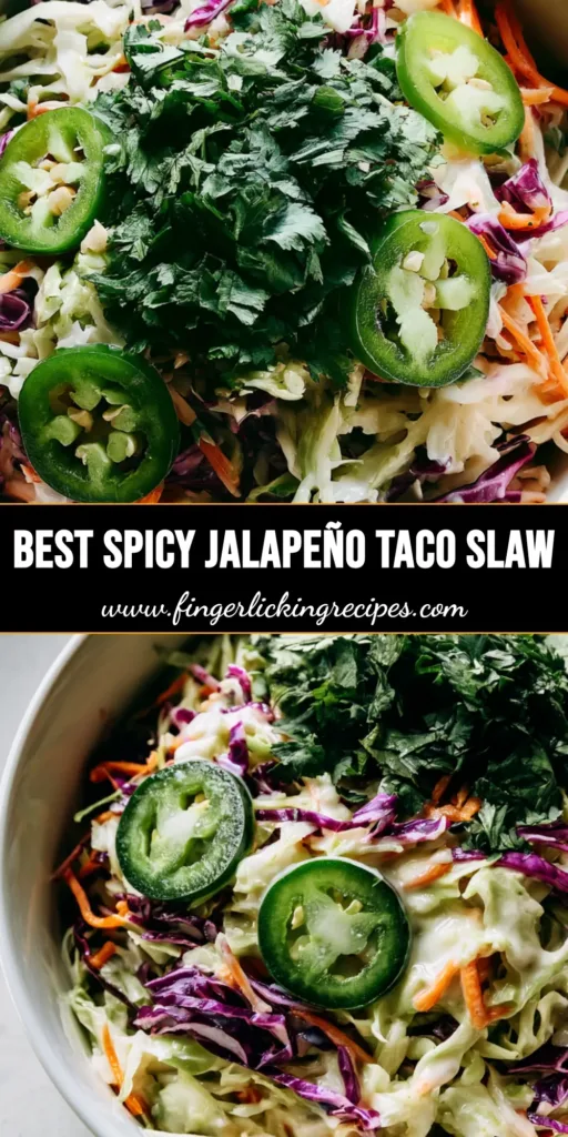 A close-up Pinterest Pin image of fresh Jalapeño Slaw in a white bowl showing shredded cabbage, carrots, and thick jalapeño rounds.