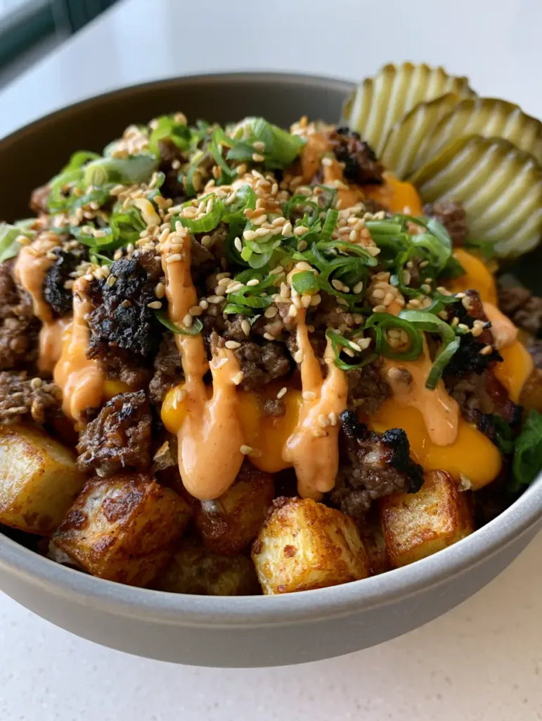 Close-up of a Smash Burger Bowl with melted cheddar and creamy orange special sauce over charred beef.