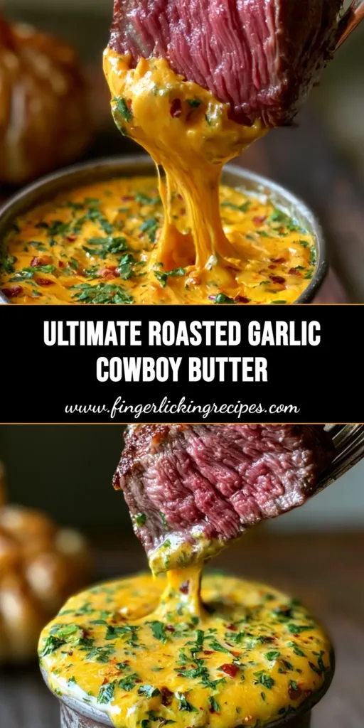 A thick slice of seared medium-rare steak on a vintage silver fork being dipped into a rustic pewter cup of orange-yellow Roasted Garlic Cowboy Butter.