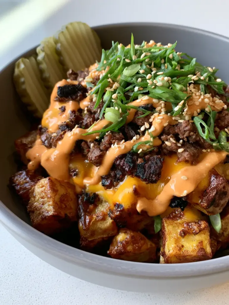 Top-down view of a Smash Burger Bowl garnished with scallions and sesame seeds in a grey ceramic dish.