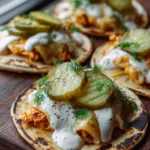 A close-up handheld shot of Dill Pickle Ranch Chicken Tacos showing the crispy edges of the chicken patty and fresh dill garnish.