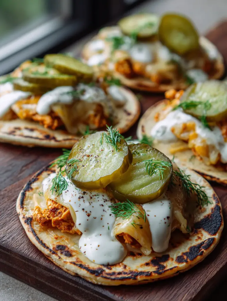 A close-up handheld shot of Dill Pickle Ranch Chicken Tacos showing the crispy edges of the chicken patty and fresh dill garnish.