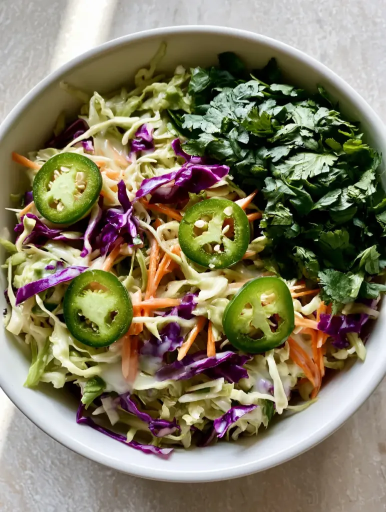 A detailed shot of Jalapeño Slaw showing the creamy translucent lime dressing and coarse cilantro garnish on a stone countertop.