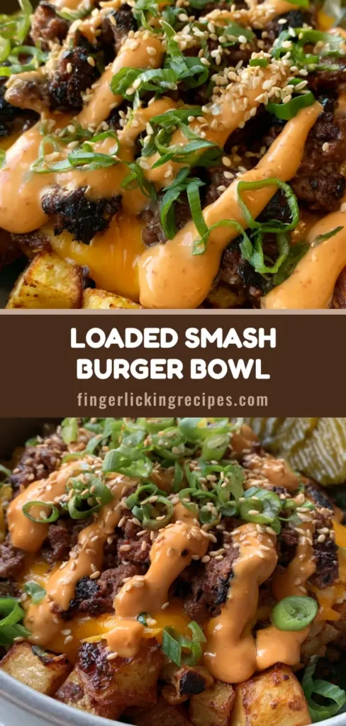 A Smash Burger Bowl in a matte grey bowl featuring roasted potatoes, cheesy ground beef, and crinkle-cut pickles.