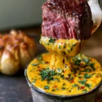 Close up of vibrant orange-yellow Roasted Garlic Cowboy Butter with fresh parsley and red chili flakes in a dipping cup.