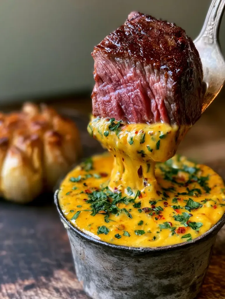 Close up of vibrant orange-yellow Roasted Garlic Cowboy Butter with fresh parsley and red chili flakes in a dipping cup.