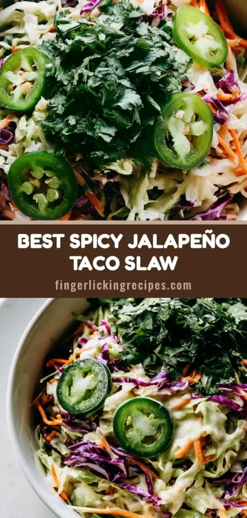 A close-up Pinterest Pin image of fresh Jalapeño Slaw in a white bowl showing shredded cabbage, carrots, and thick jalapeño rounds.