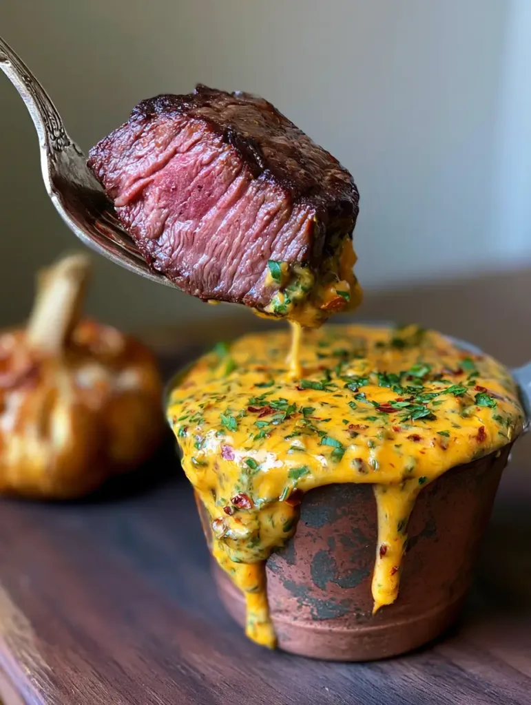 A whole head of golden roasted garlic sitting on a dark wooden board in the background of a steak dinner.