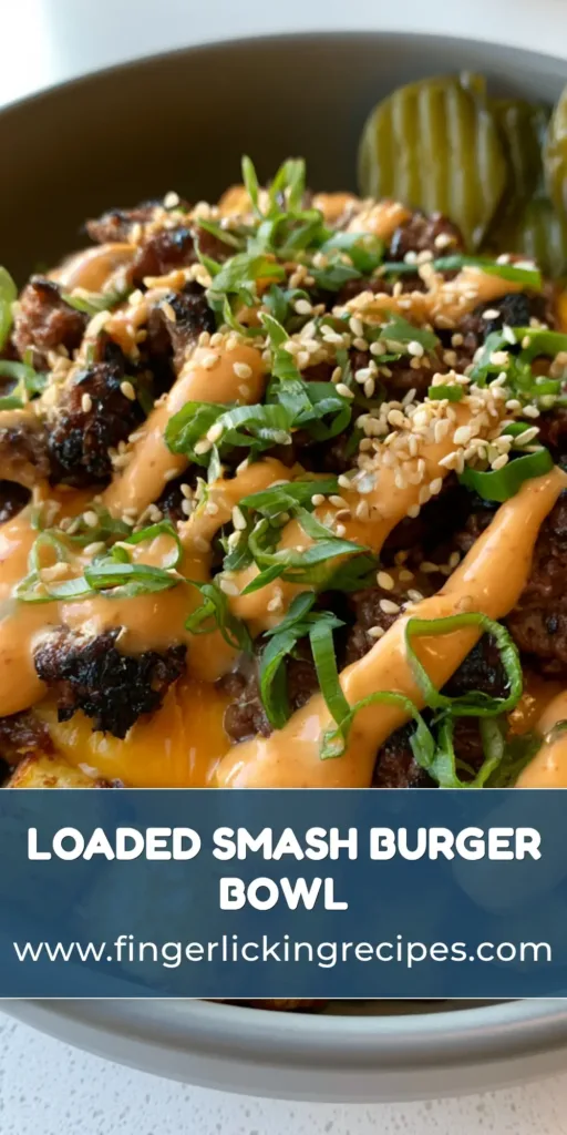 A Smash Burger Bowl in a matte grey bowl featuring roasted potatoes, cheesy ground beef, and crinkle-cut pickles.