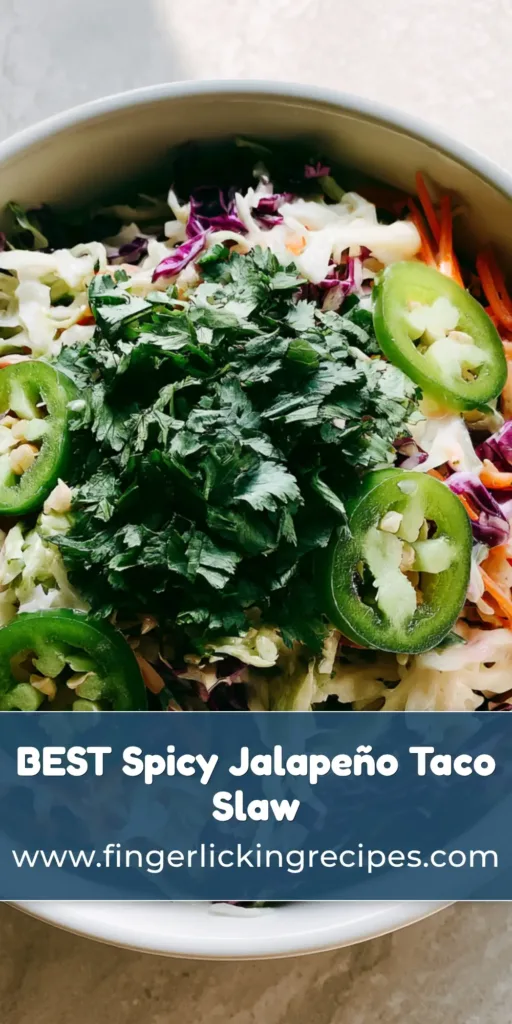 A close-up Pinterest Pin image of fresh Jalapeño Slaw in a white bowl showing shredded cabbage, carrots, and thick jalapeño rounds.