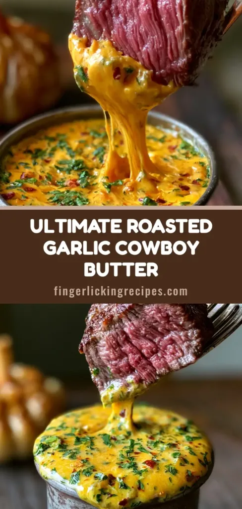 A thick slice of seared medium-rare steak on a vintage silver fork being dipped into a rustic pewter cup of orange-yellow Roasted Garlic Cowboy Butter.