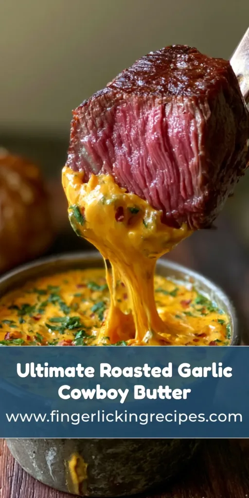 A thick slice of seared medium-rare steak on a vintage silver fork being dipped into a rustic pewter cup of orange-yellow Roasted Garlic Cowboy Butter.