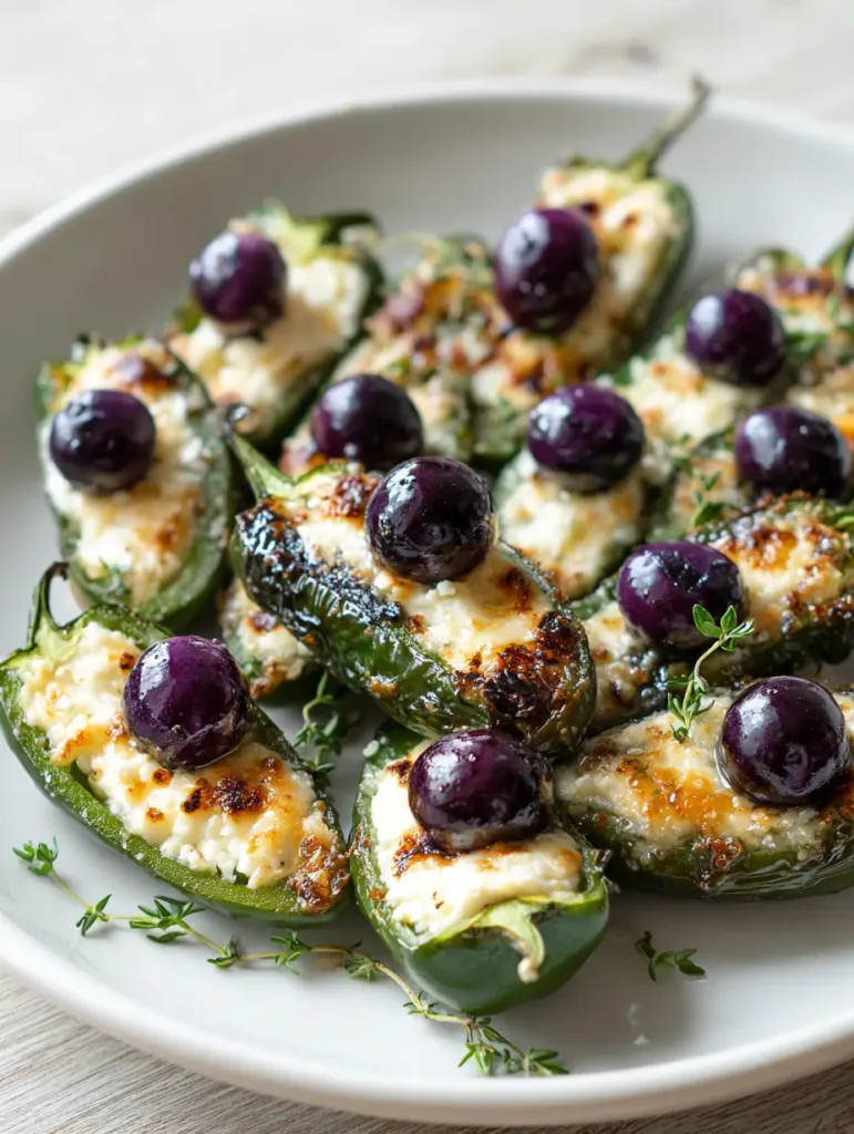 Close up of a single Blueberry Brie Jalapeño Popper with a glossy amber honey drizzle and tiny thyme leaves.