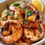 Top-down closeup of Grilled Shrimp showing vibrant orange-pink hue and distinct black char marks.