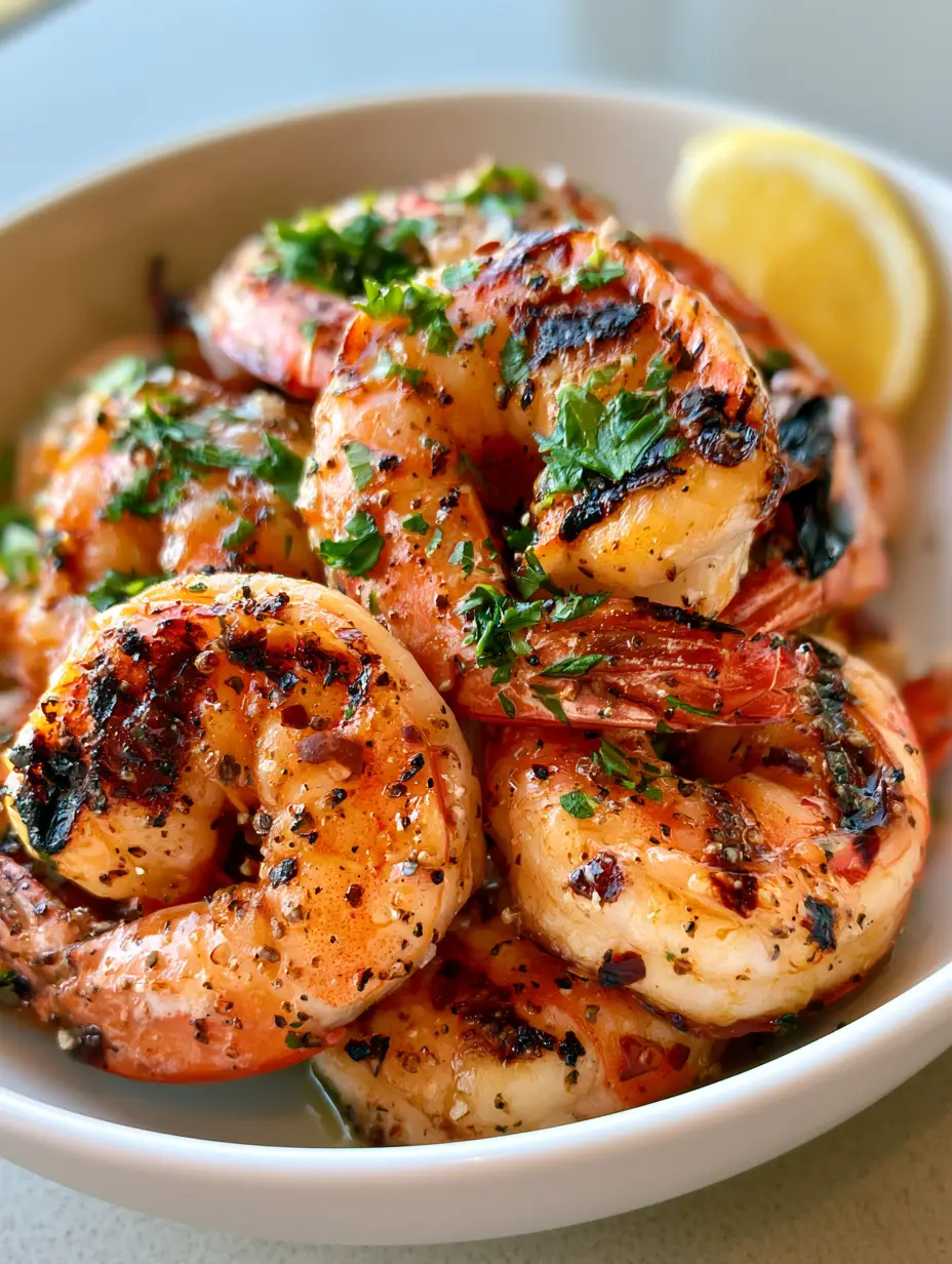 Grilled Shrimp with Charred Lemon Garlic Glaze and Fresh Parsley 4 Top-down closeup of Grilled Shrimp showing vibrant orange-pink hue and distinct black char marks.
