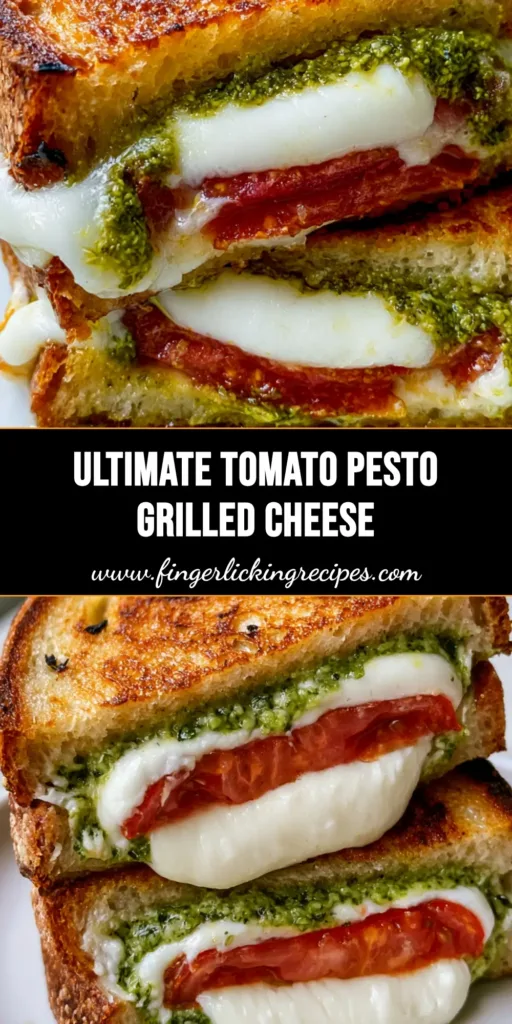 Tomato Pesto Grilled Cheese: The Ultimate Sourdough Caprese Melt 5 A stacked Tomato Pesto Grilled Cheese sandwich on a white plate, showing melted mozzarella and vibrant green pesto. (Tomato Pesto Grilled Cheese)
