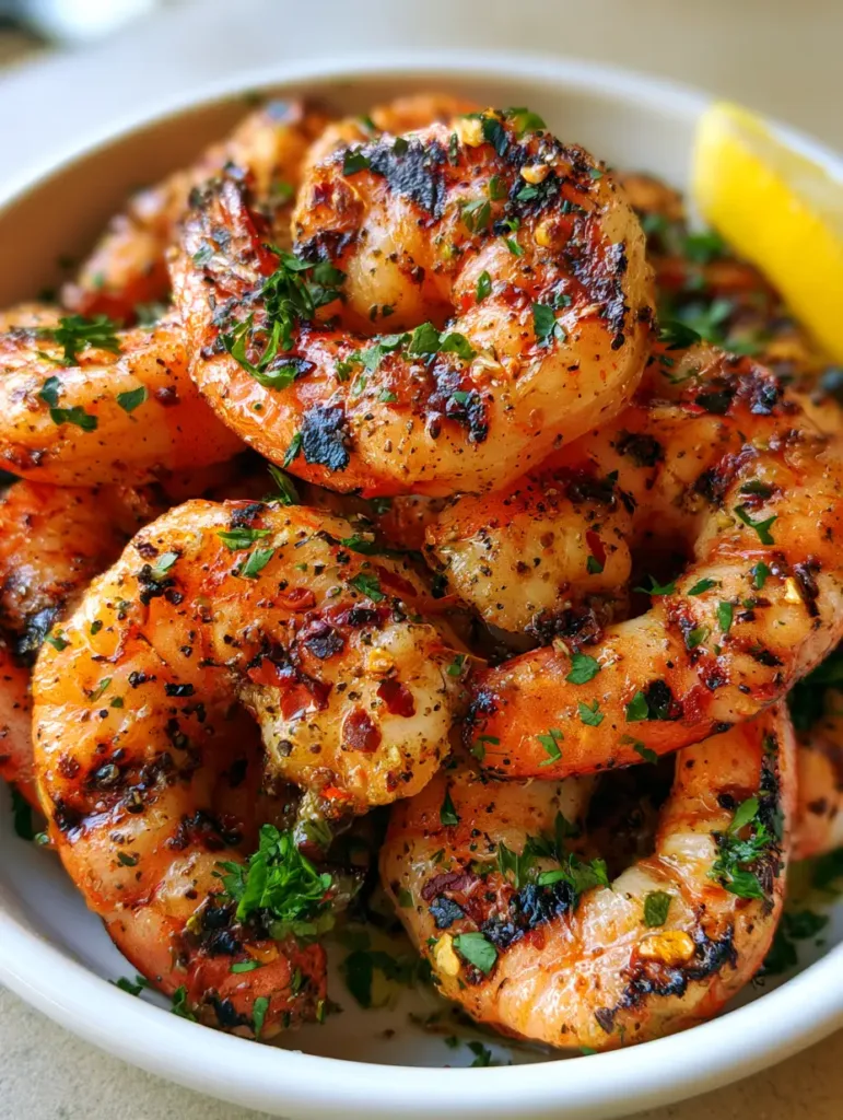 Grilled Shrimp with Charred Lemon Garlic Glaze and Fresh Parsley 2 Grilled Shrimp glistening with lemon-garlic oil and seasoned with red pepper flakes and cracked black pepper.