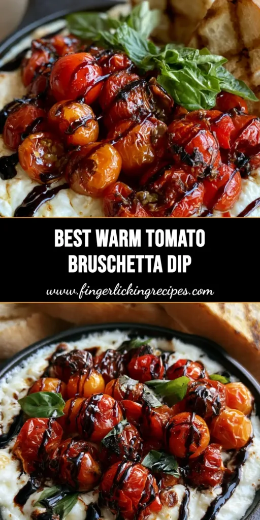 A close-up vertical shot of Three-Cheese Tomato Bruschetta Dip in a cast iron skillet with balsamic drizzle and fresh basil.